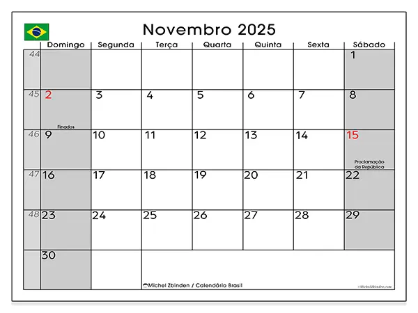 Calendário Brasil gratuito para imprimir, novembro 2025. Semana:  De domingo a sábado