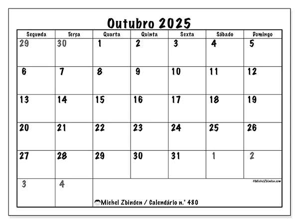 Calendário n.° 480 gratuito para imprimir, outubro 2025. Semana:  Segunda-feira a domingo