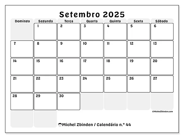 Calendário n.° 44 gratuito para imprimir, setembro 2025. Semana:  De domingo a sábado