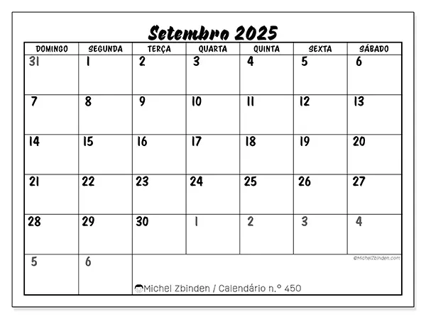Calendário n.° 450 gratuito para imprimir, setembro 2025. Semana:  De domingo a sábado