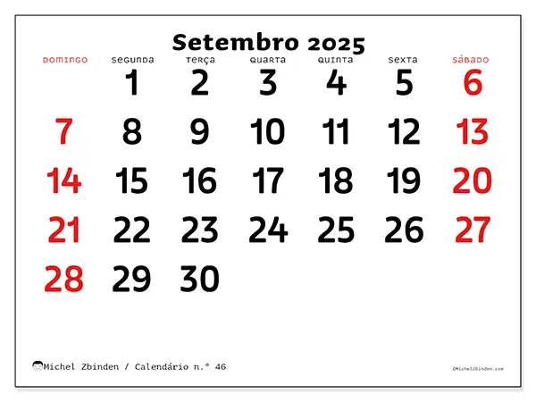 Calendário n.° 46 gratuito para imprimir, setembro 2025. Semana:  De domingo a sábado