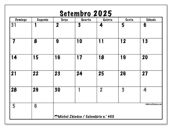 Calendário n.° 480 gratuito para imprimir, setembro 2025. Semana:  De domingo a sábado