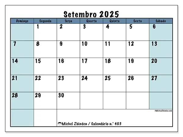 Calendário n.° 483 gratuito para imprimir, setembro 2025. Semana:  De domingo a sábado