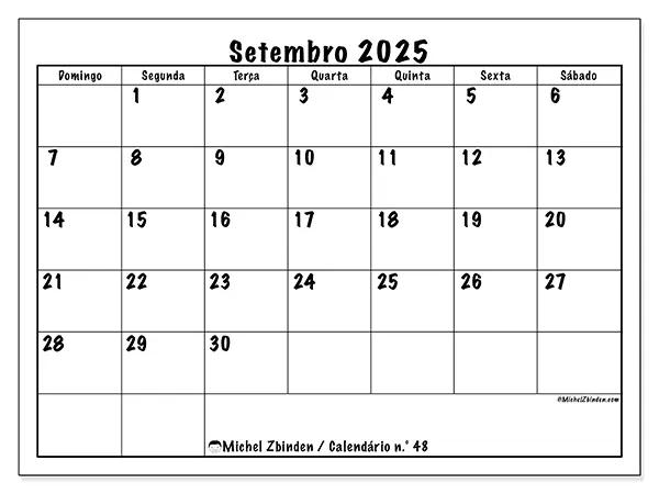 Calendário n.° 48 gratuito para imprimir, setembro 2025. Semana:  De domingo a sábado