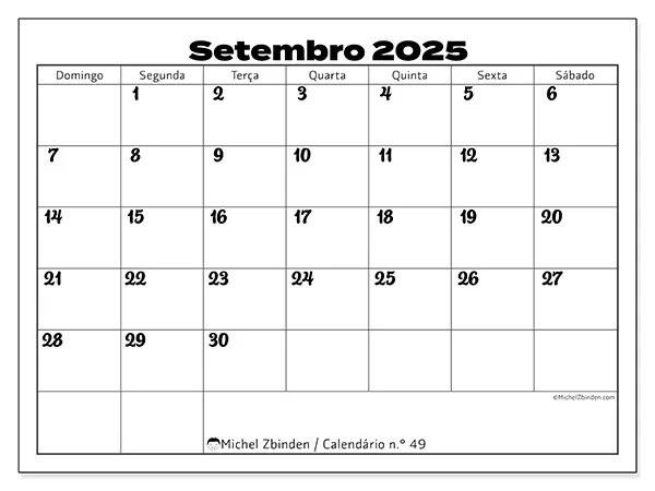 Calendário n.° 49 gratuito para imprimir, setembro 2025. Semana:  De domingo a sábado