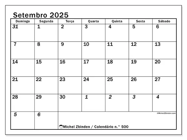 Calendário n.° 500 gratuito para imprimir, setembro 2025. Semana:  De domingo a sábado