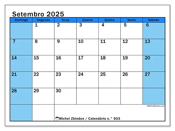 Calendário n.° 501 gratuito para imprimir, setembro 2025. Semana:  De domingo a sábado
