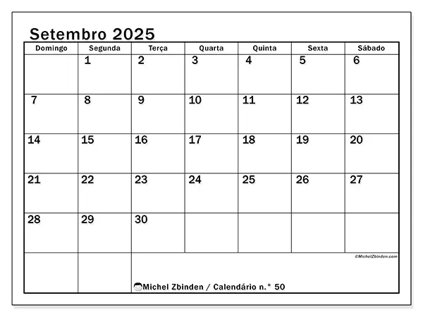 Calendário n.° 50 gratuito para imprimir, setembro 2025. Semana:  De domingo a sábado