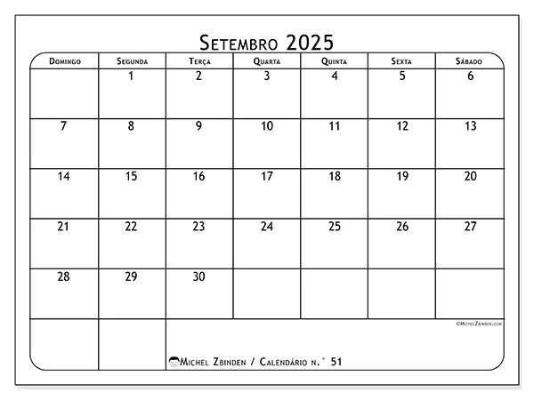 Calendário n.° 51 gratuito para imprimir, setembro 2025. Semana:  De domingo a sábado