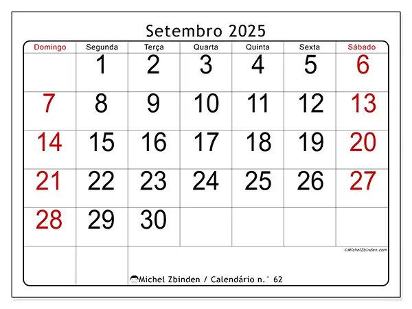 Calendário n.° 62 gratuito para imprimir, setembro 2025. Semana:  De domingo a sábado