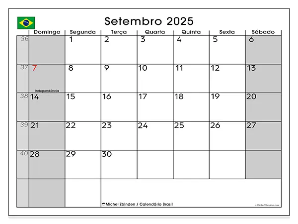 Calendário Brasil gratuito para imprimir, setembro 2025. Semana:  De domingo a sábado