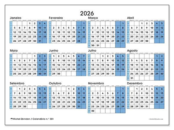 Calendário anual 2026 para imprimir - Pronto para a universidade