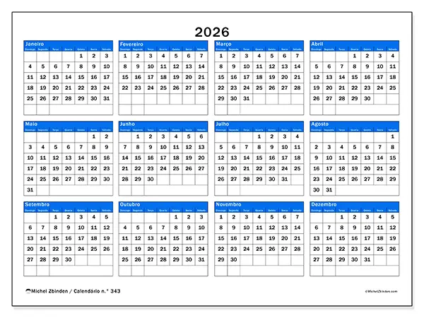 Calendário anual 2026 para imprimir - Visão estratégica - Semana: domingo a sábado
