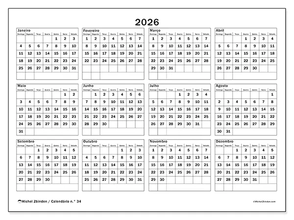 Calendário anual 2026 para imprimir - Férias e lazer - Semana: domingo a sábado
