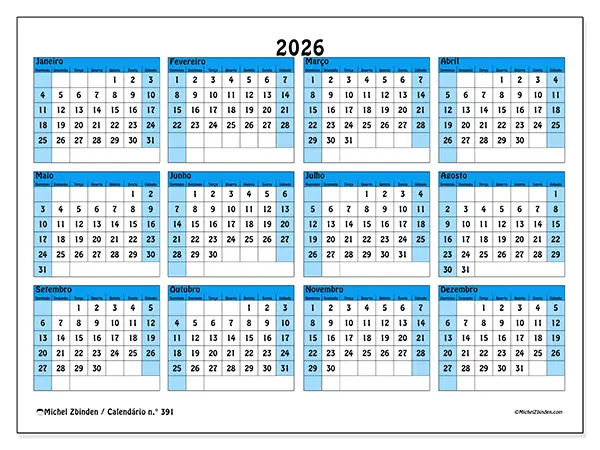 Calendário anual 2026 para imprimir - Organização em cores - Semana: domingo a sábado