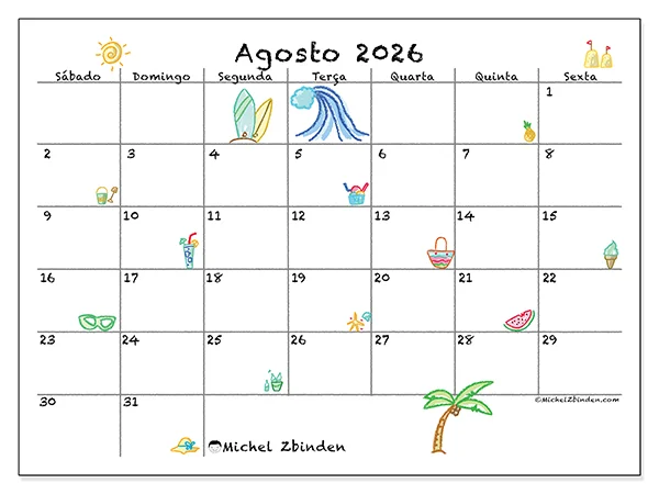 Calendário de agosto de 2026 para imprimir - Férias ensolaradas - Semana: de domingo a sábado