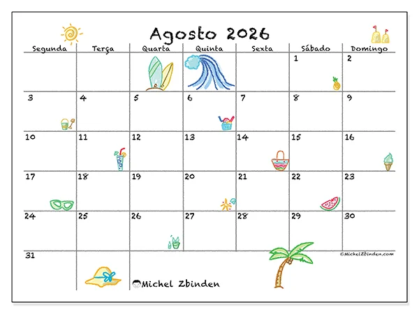 Calendário de agosto de 2026 para imprimir - Férias ensolaradas