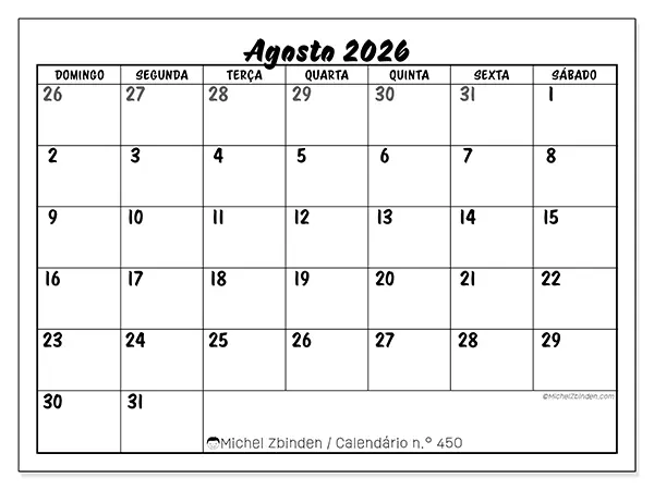 Calendário de agosto de 2026 para imprimir - Organização detalhada - Semana: de domingo a sábado