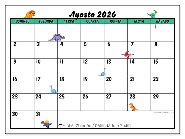 Calendário de agosto de 2026 para imprimir - Pequenos dinossauros - Semana: de domingo a sábado