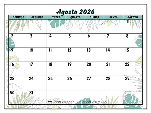 Calendário de agosto de 2026 para imprimir - Natureza e jardim - Semana: de domingo a sábado