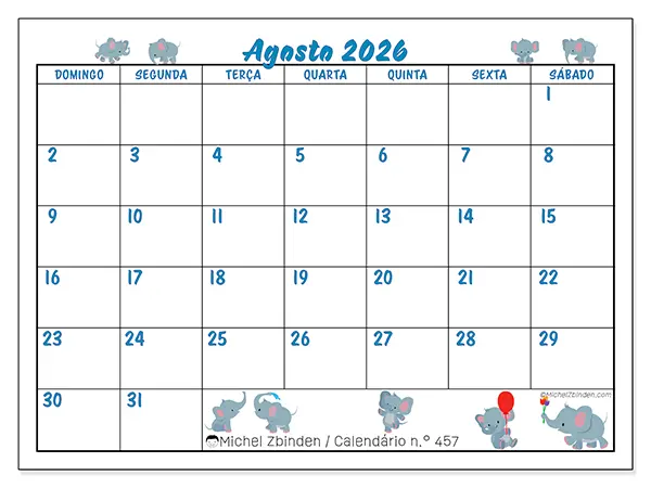 Calendário de agosto de 2026 para imprimir - Pequenos elefantes - Semana: de domingo a sábado