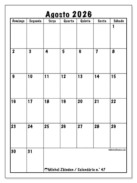 Calendário de agosto de 2026 para imprimir - Planeamento eficiente - Semana: de domingo a sábado