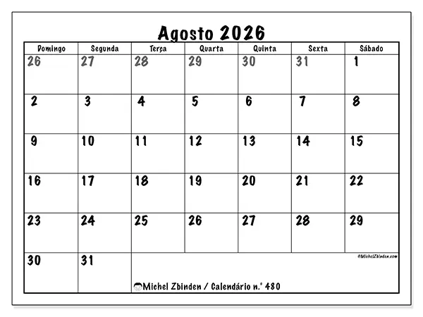 Calendário de agosto de 2026 para imprimir - Planeamento completo - Semana: de domingo a sábado