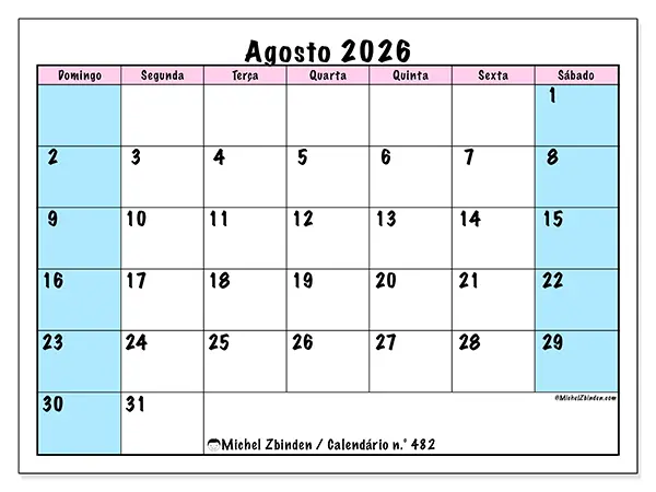 Calendário de agosto de 2026 para imprimir - Horário de equipa - Semana: de domingo a sábado