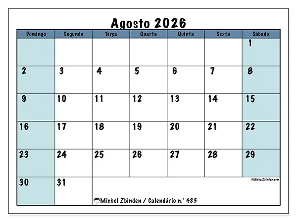 Calendário de agosto de 2026 para imprimir - Estrutura para a escola - Semana: de domingo a sábado