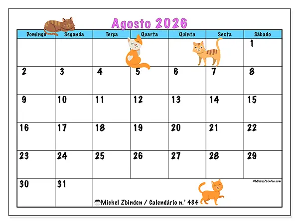 Calendário de agosto de 2026 para imprimir - Amor pelos gatos - Semana: de domingo a sábado