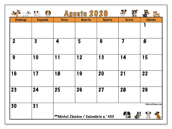 Calendário de agosto de 2026 para imprimir - Cães entusiasmados - Semana: de domingo a sábado