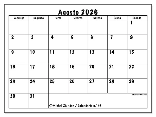 Calendário de agosto de 2026 para imprimir - Eficiência diária - Semana: de domingo a sábado