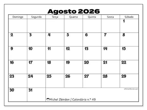 Calendário de agosto de 2026 para imprimir - Coordenação produtiva - Semana: de domingo a sábado