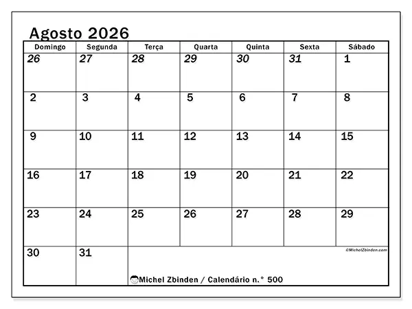 Calendário de agosto de 2026 para imprimir - Planeamento intensivo - Semana: de domingo a sábado