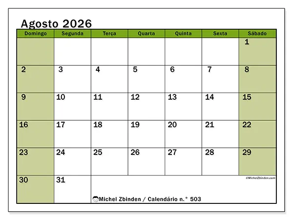 Calendário de agosto de 2026 para imprimir - Organização viva - Semana: de domingo a sábado