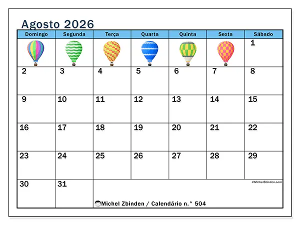 Calendário de agosto de 2026 para imprimir - Balões de ar quente - Semana: de domingo a sábado