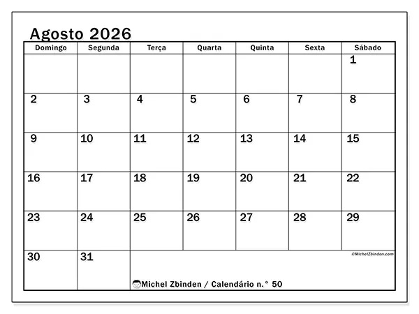 Calendário de agosto de 2026 para imprimir - Planeamento ideal - Semana: de domingo a sábado