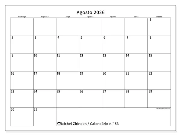 Calendário de agosto de 2026 para imprimir - Horário eficiente - Semana: de domingo a sábado