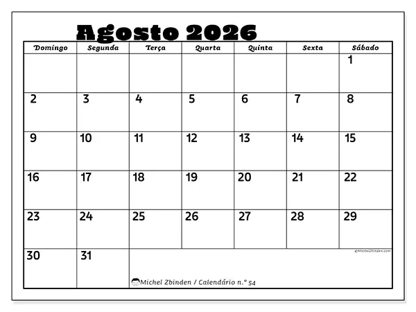 Calendário de agosto de 2026 para imprimir - Atividades em família - Semana: de domingo a sábado