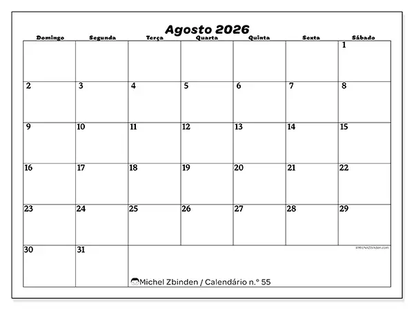 Calendário de agosto de 2026 para imprimir - Organização do lazer - Semana: de domingo a sábado
