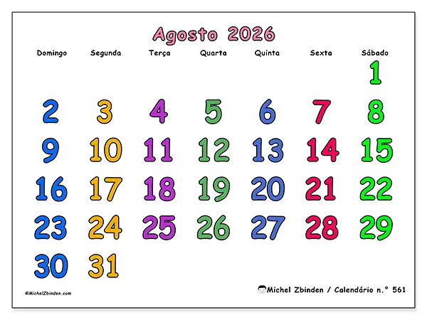 Calendário de agosto de 2026 para imprimir - Momentos criativos - Semana: de domingo a sábado