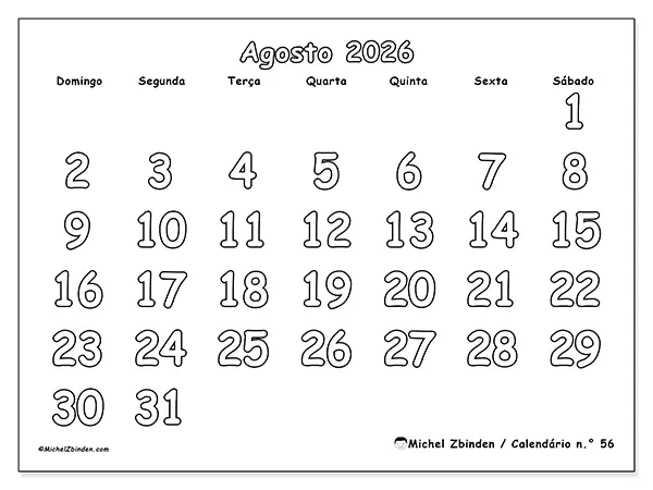 Calendário de agosto de 2026 para imprimir - Colorir útil - Semana: de domingo a sábado