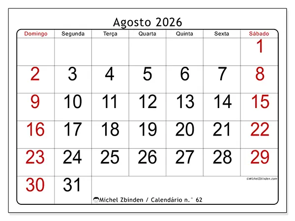 Calendário de agosto de 2026 para imprimir - Leitura rápida - Semana: de domingo a sábado