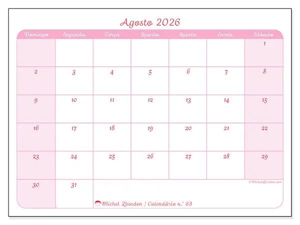 Calendário de agosto de 2026 para imprimir - Organização suave - Semana: de domingo a sábado