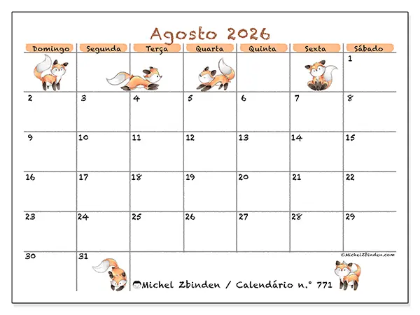 Calendário de agosto de 2026 para imprimir - Desenhos de raposas - Semana: de domingo a sábado