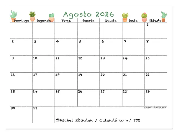 Calendário de agosto de 2026 para imprimir - Cactos decorativos - Semana: de domingo a sábado