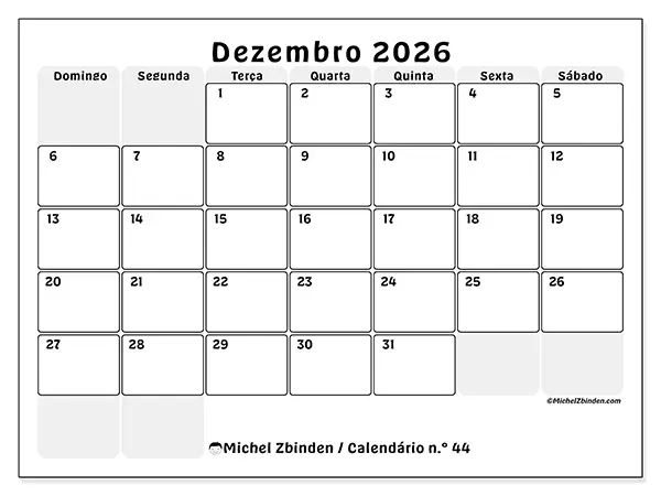 Calendário de dezembro de 2026 para imprimir - Planeamento estruturado - Semana: de domingo a sábado