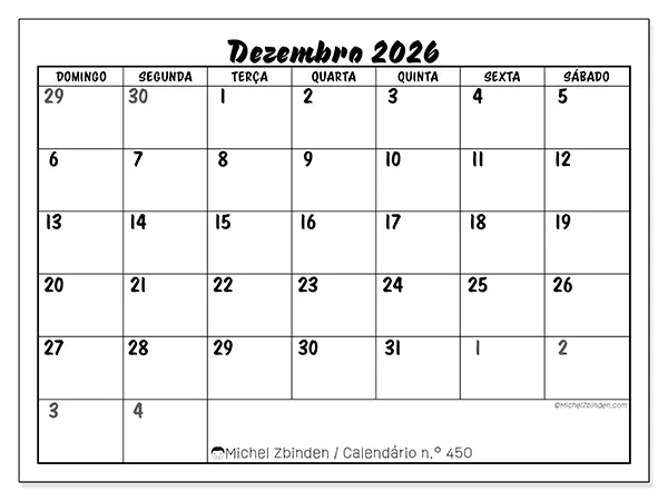 Calendário de dezembro de 2026 para imprimir - Organização detalhada - Semana: de domingo a sábado