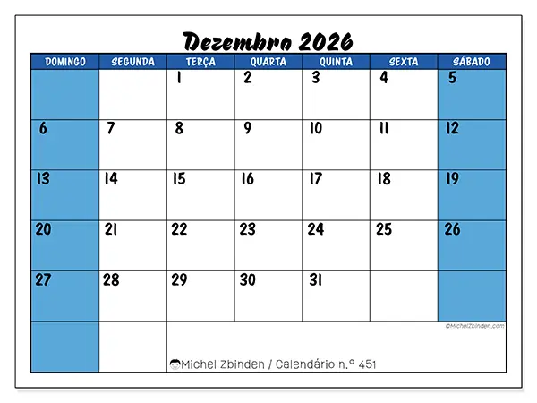 Calendário de dezembro de 2026 para imprimir - Organização dinâmica - Semana: de domingo a sábado