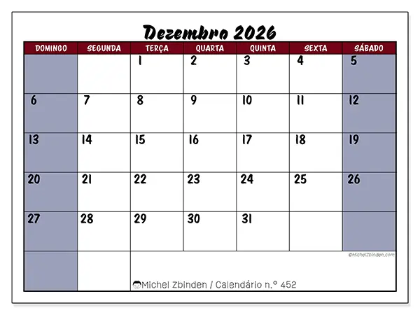 Calendário de dezembro de 2026 para imprimir - Tarefas em cores - Semana: de domingo a sábado